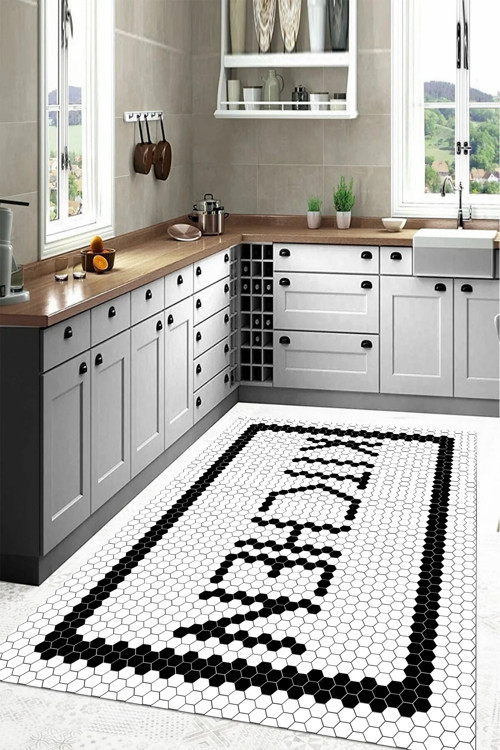 Baskılı Modern Kitchen Yazı Desenli Yıkanabilir Kaymaz Taban Yolluk Salon Mutfak Halısı