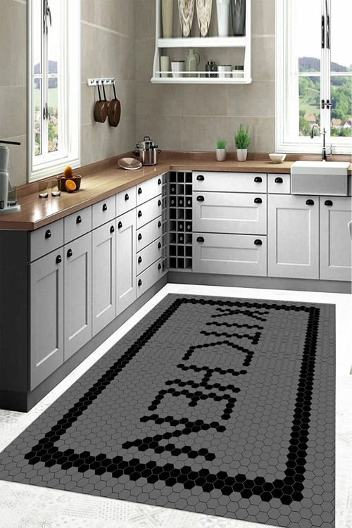 Baskılı Modern Kitchen Yazı Desenli Yıkanabilir Kaymaz Taban Yolluk Salon Mutfak Halısı