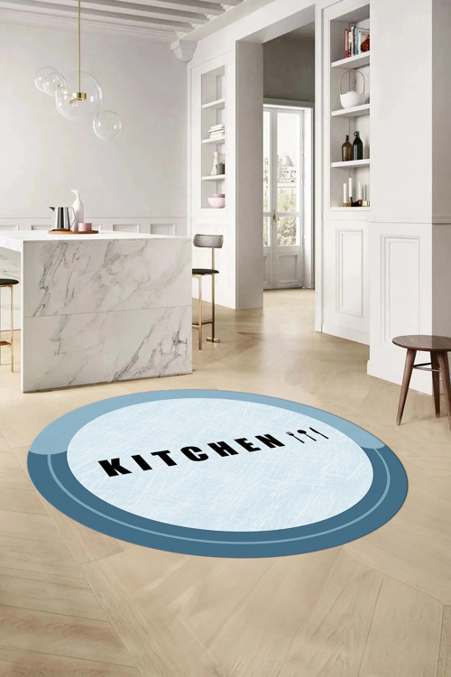 Baskılı Sade Kitchen Yazı Desenli Yıkanabilir Kaymaz Taban Yuvarlak Mutfak Halısı