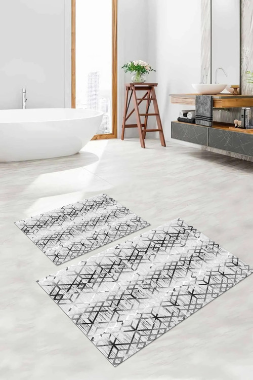 Dijital Baskılı Yıkanabilir Kaymaz Taban Çizgi Desenli Banyo Paspası Klozet Takımı