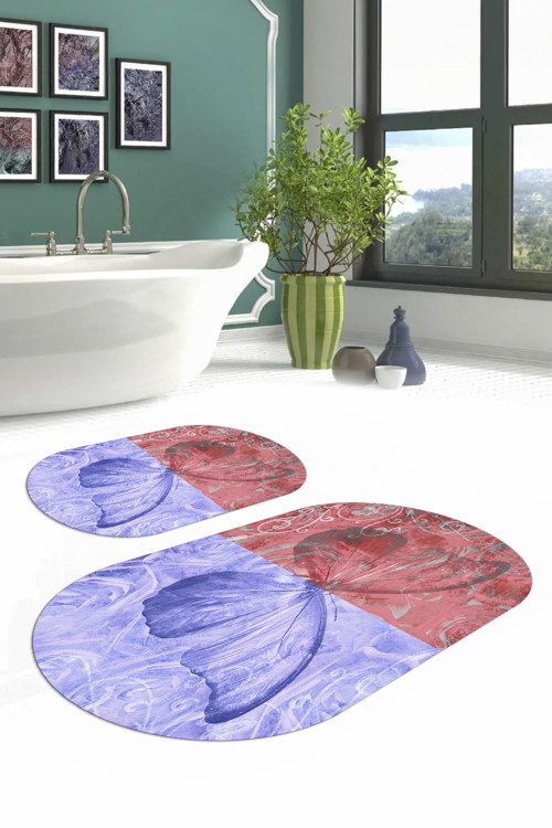 Dijital Yıkanabilir Renkli Kelebek Model Oval Banyo Paspası Klozet Takımı