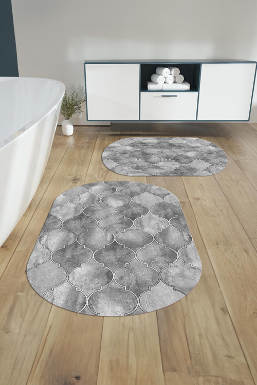Dijital Yıkanabilir Kaymaz Taban Kupa Desenli Oval Banyo Paspası Klozet Takımı