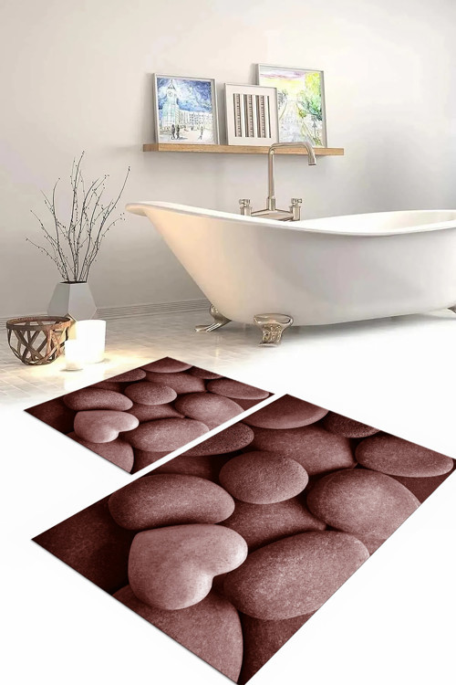 Dijital Baskılı Yıkanabilir Kaymaz Taban Taş Modelli Banyo Paspası Klozet Takımı