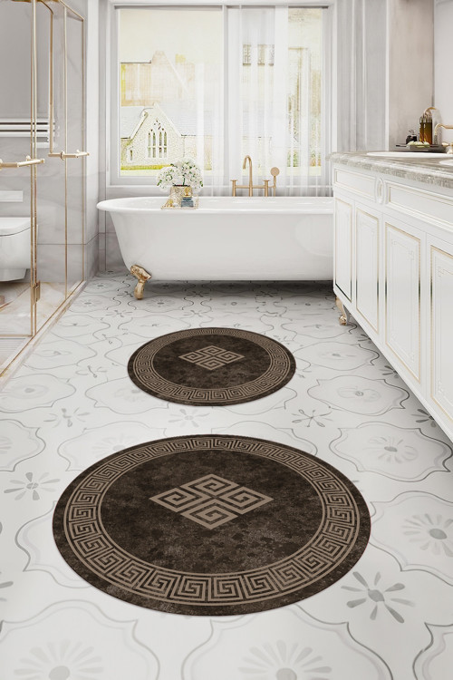 Dijital Yıkanabilir Çerçeveli Klasik Model Yuvarlak Banyo Paspası Klozet Takımı