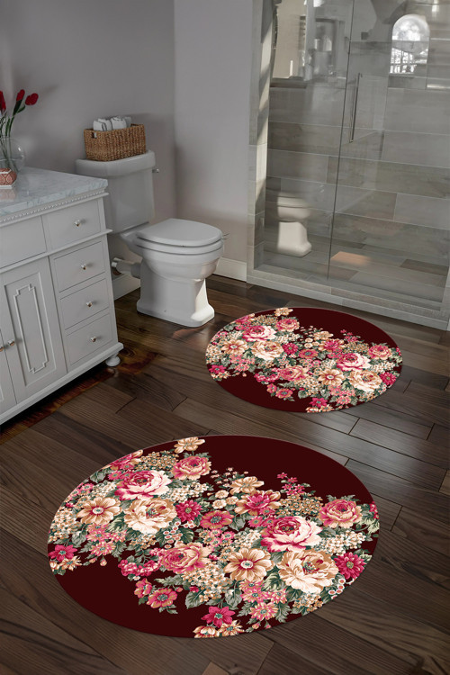 Dijital Yıkanabilir Renkli Çiçek Desenli Yuvarlak Banyo Paspası Klozet Takımı
