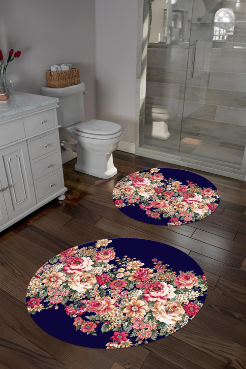 Dijital Yıkanabilir Renkli Çiçek Desenli Yuvarlak Banyo Paspası Klozet Takımı