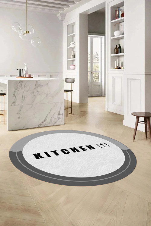 Baskılı Sade Kitchen Yazı Desenli Yıkanabilir Kaymaz Taban Yuvarlak Mutfak Halısı