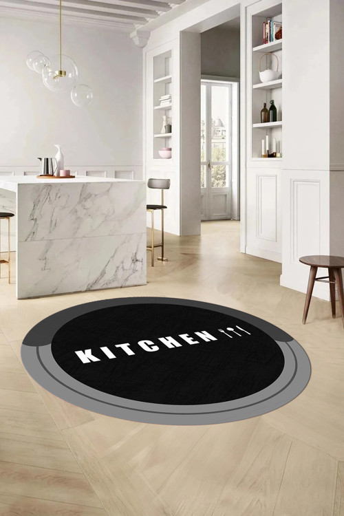 Baskılı Sade Kitchen Yazı Desenli Yıkanabilir Kaymaz Taban Yuvarlak Mutfak Halısı