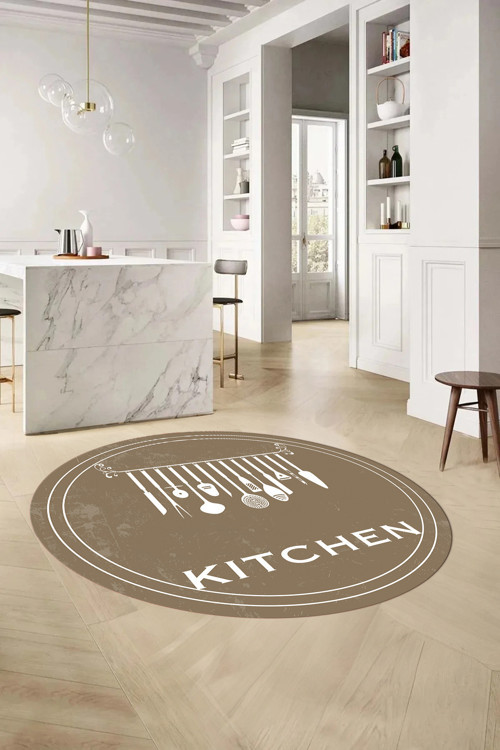 Baskılı Çatal Bıçak Desen Kitchen Yazılı Yıkanabilir Yuvarlak Mutfak Halısı