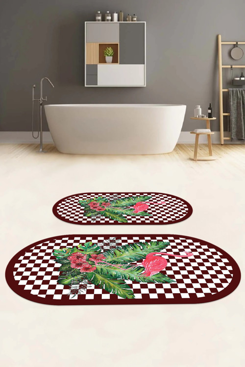 Dijital Yıkanabilir Kaymaz Taban Flamingo Desenli Oval Banyo Paspası Klozet Takımı