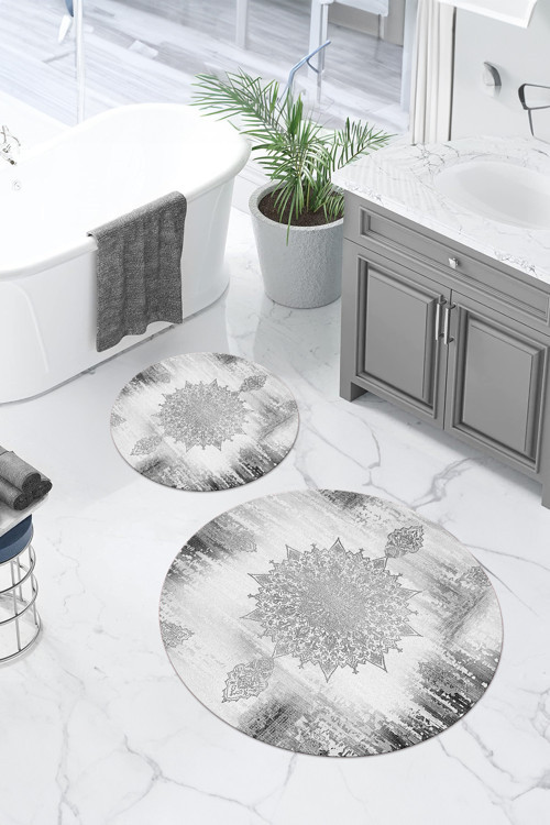 Dijital Yıkanabilir Sade Vektörel Desenli Yuvarlak Banyo Paspası Klozet Takımı
