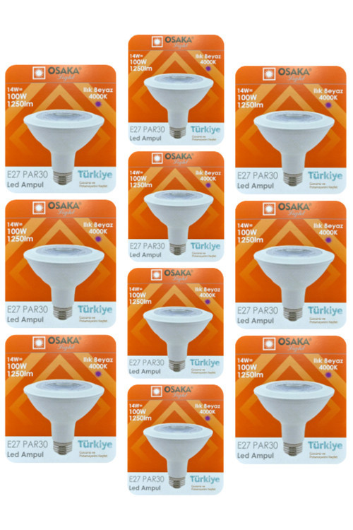 (10 Adet) Osaka 14W (100W) Ilık Beyaz (Günışığı) (4000K) E27 Duylu (Kalın Duy) Led PAR30 Ampul