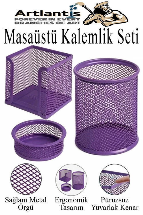 Masaüstü Fileli Kalemlik Seti 3 Parça 1 Paket 3 lü Masa Üstü Düzenleyici Kalemlik Küp Notluk Ataşlık