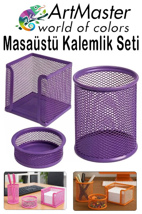 Mor Masaüstü Fileli Kalemlik Seti 3 Parça 1 Paket 3 lü Masa Üstü Düzenleyici Kalemlik Küp Notluk Ataşlık