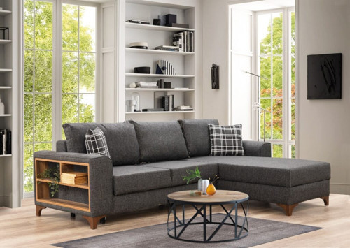 Esyala. Loft sol Uzanmalı Kitaplık Bölmeli,Köse L Koltuk, Antrasit Keten (245x170x80 Cm)