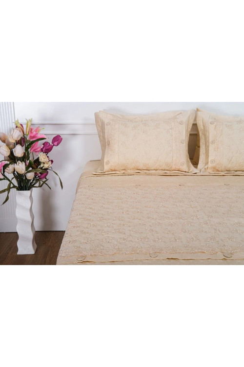 Gülfem Pamuk Bej Baskılı Bej Yatak Örtüsü Seti Çift Kiş. 6 Parça 260X70 Cm 1465