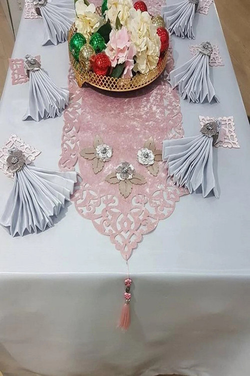 Afife Kadife Pudra Gümüş Sofra Takımı 8 Kişilik 160x230cm 34 Prç. 879