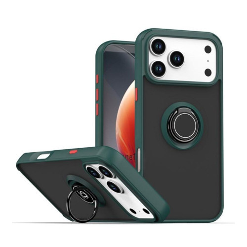 Apple İphone 17 Pro Max Uyumlu Kılıf Yüzüklü Standlı Extra Darbe Koruma Sert Silikon Kapak - Yeşil