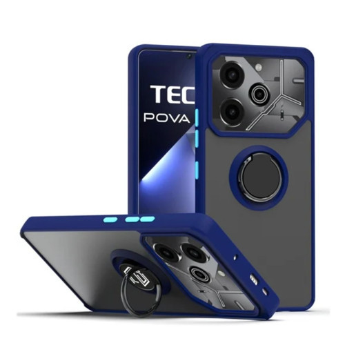 Tecno Pova 6 Uyumlu Kılıf Yüzüklü Standlı Extra Darbe Koruma Sert Silikon Kapak - Lacivert