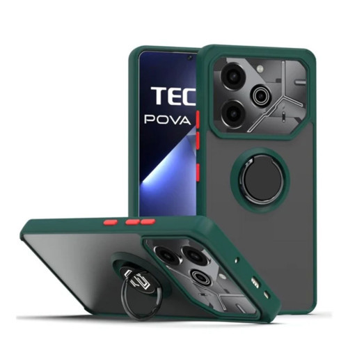 Tecno Pova 6 Uyumlu Kılıf Yüzüklü Standlı Extra Darbe Koruma Sert Silikon Kapak - Yeşil