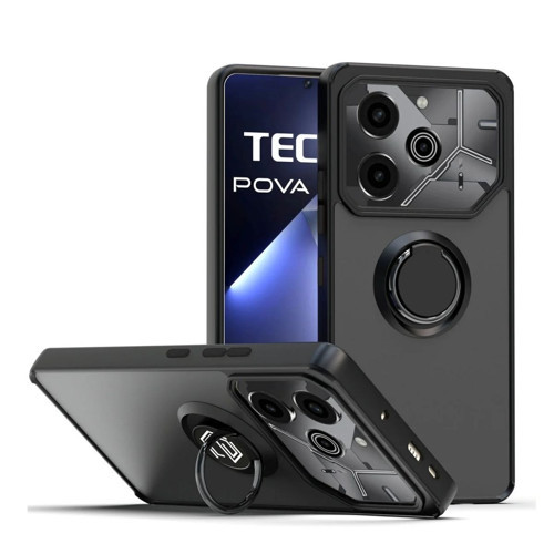 Tecno Pova 6 Uyumlu Kılıf Yüzüklü Standlı Extra Darbe Koruma Sert Silikon Kapak - Siyah