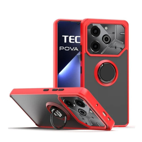 Tecno Pova 6 Uyumlu Kılıf Yüzüklü Standlı Extra Darbe Koruma Sert Silikon Kapak - Kırmızı