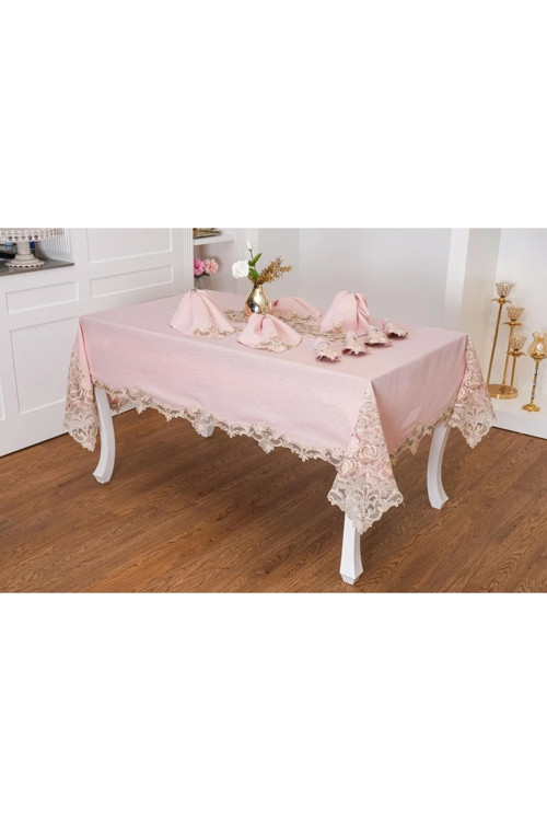 Henna Güpürlü Keten Pudra Sofra Takımı 8 Kişilik 160x230cm 17 Prç. 1149