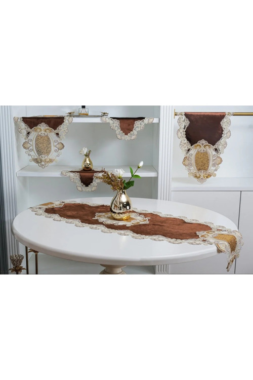 Aydan Aplikeli Güpürlü Kadife Kahverengi Salon Takımı 5 Parça 50 x 140 Cm 1451