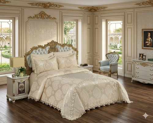 Lüks Habibe Güpürlü Polyester Pamuk Kumaş Krem Gelin Seti 6 Parça 250 x 260 Cm 146