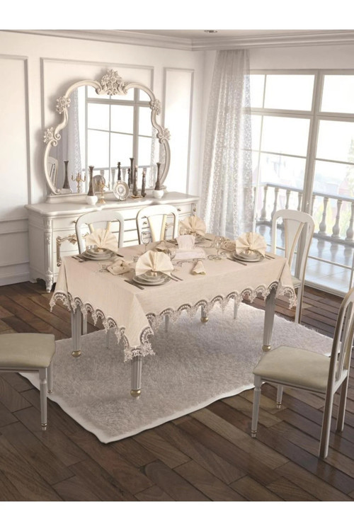 Ahsen Güpürlü Keten Kumaş Krem Sofra Takımı 8 Kiş.160x230 17 Prç 1275