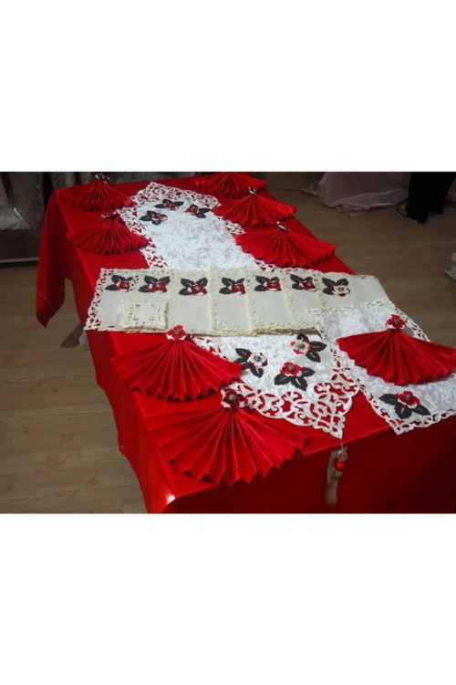 Afife Kadife Krem Kırmızı Sofra Takımı 8 Kişilik 160x230cm 34 Prç. 373