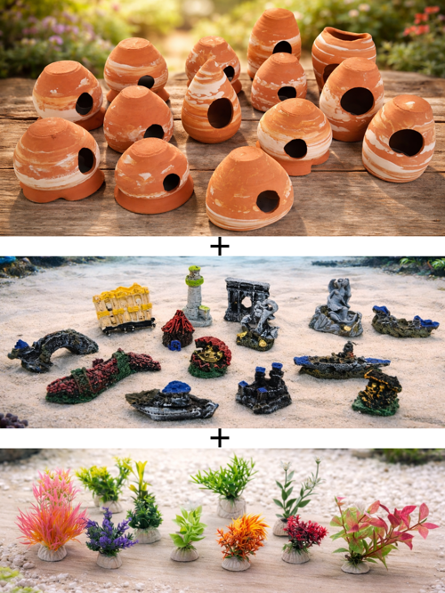 Akvaryum Aksesuar Seti 6 Parça Küp Dekor Dekoratif Figür ve Bitki Kombin Seti