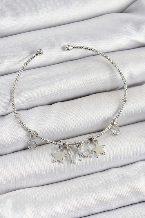Pirinç Zirkon Taşlı Kelebek Ve Yıldız Model Gümüş Renk Charm Bileklik