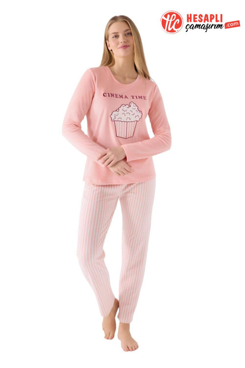 Premium Kadın Pop Corn Cınema Time Uzun Kollu Kadife Pijama Takım