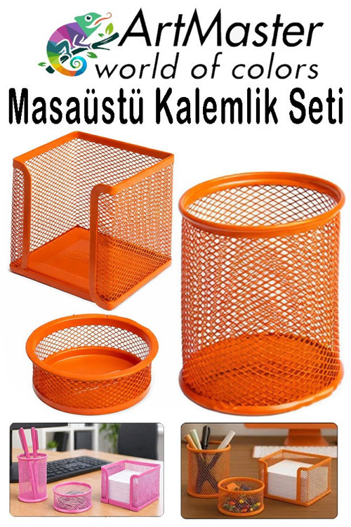 Turuncu Masaüstü Fileli Kalemlik Seti 3 Parça 1 Paket 3 lü Masa Üstü Düzenleyici Kalemlik Küp Notluk Ataşlık