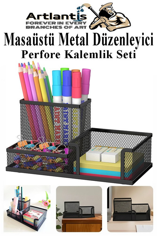 Masaüstü Metal Kalemlik Seti 3 lü Kombo 1 Paket Fileli Perfore Pastel Renkli Kalemlik Kağıtlık Küpnotluk Düzenleyici