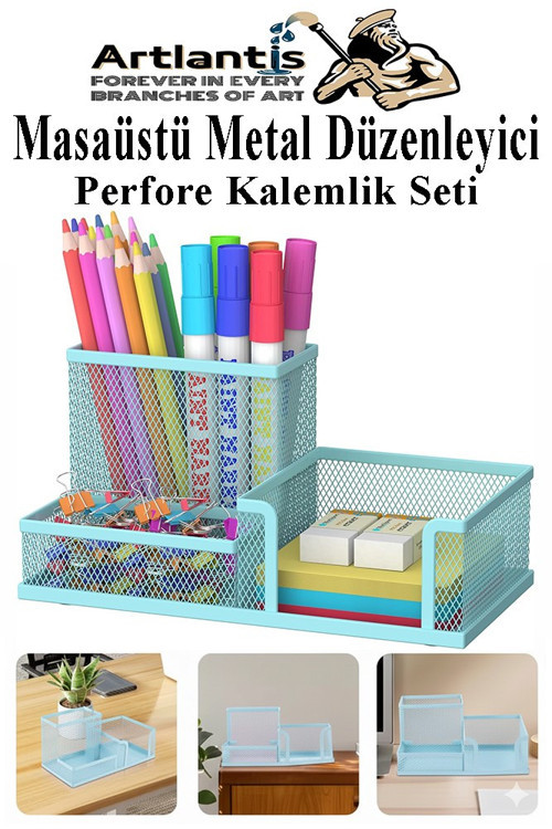 Masaüstü Metal Kalemlik Seti 3 lü Kombo 1 Paket Fileli Perfore Pastel Renkli Kalemlik Kağıtlık Küpnotluk Düzenleyici