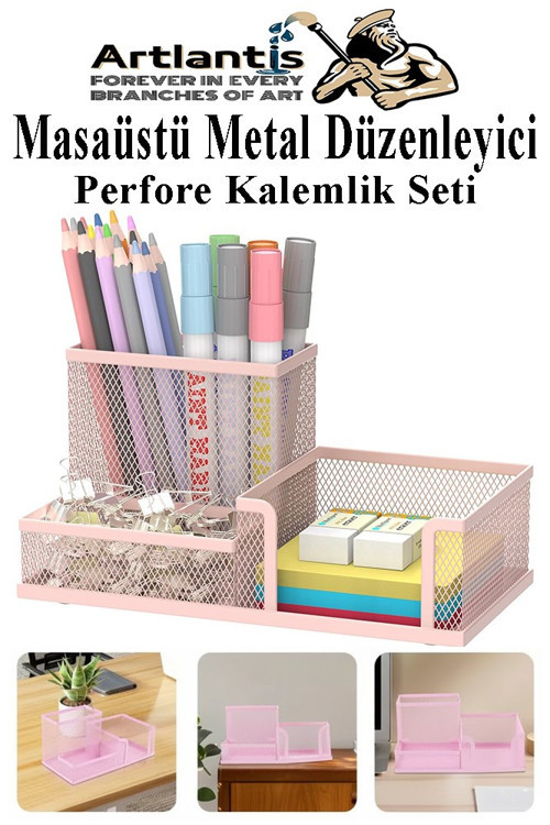 Masaüstü Metal Kalemlik Seti 3 lü Kombo 1 Paket Fileli Perfore Pastel Renkli Kalemlik Kağıtlık Küpnotluk Düzenleyici