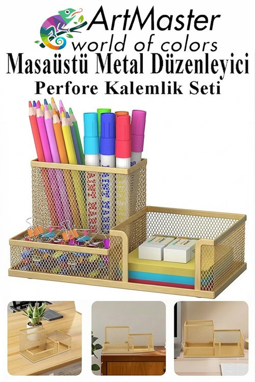 Altın Sarı Masaüstü Metal Kalemlik Seti 3 lü Kombo 1 Paket Fileli Perfore Renkli Kalemlik Kağıtlık Küpnotluk Düzenleyici