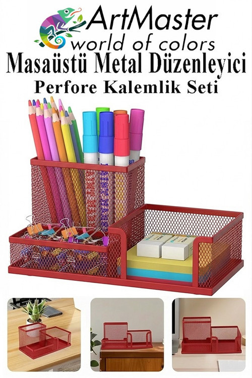 Kırmızı Masaüstü Metal Kalemlik Seti 3 lü Kombo 1 Paket Fileli Perfore Renkli Kalemlik Kağıtlık Küpnotluk Düzenleyici