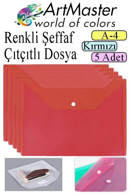 Kırmızı A4 Çıtçıtlı Dosya Şeffaf Renkli Zarf Dosya 5 Adet Çıt Çıtlı Dosya Su Geçirmez 100 Yaprak Kapasite