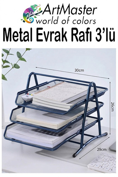 Lacivert Metal Evrak Rafı 3 lü 1 Paket Masaüstü A4 Dosya 3 Katlı Düzenleyici Kağıt Tepsisi Metal Fileli Hareketli