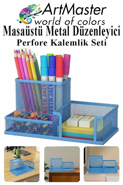 Mavi Masaüstü Metal Kalemlik Seti 3 lü Kombo 1 Paket Fileli Perfore Renkli Kalemlik Kağıtlık Küpnotluk Düzenleyici
