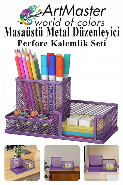 Mor Masaüstü Metal Kalemlik Seti 3 lü Kombo 1 Paket Fileli Perfore Renkli Kalemlik Kağıtlık Küpnotluk Düzenleyici