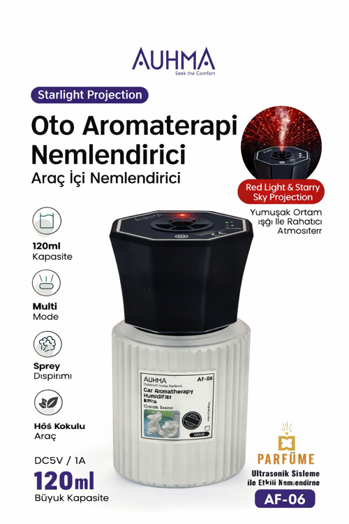 Auhma AF-06 Araç İçi Hava Nemlendirici & Koku Makinesi Ebony Esansı – 120ml Aromaterapi Difüzör Araç Kokusu