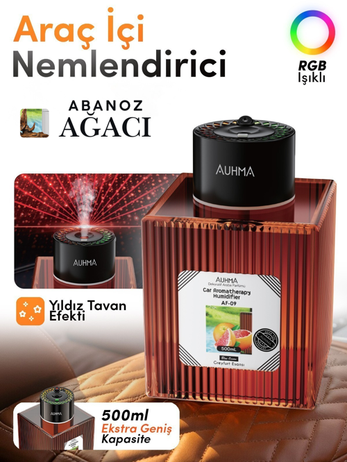 Auhma AF-09 Araç İçi Hava Nemlendirici & Koku Makinesi Ebony Esansı – 500ml Aromaterapi Difüzör + RGB Işıklı