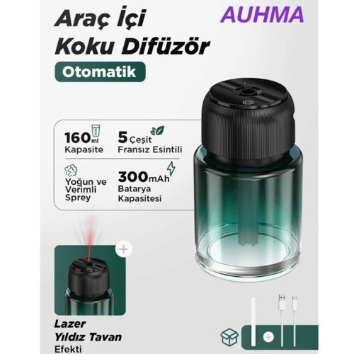 Auhma AF-10 Araç İçi Hava Nemlendirici & Koku Makinesi Hilton Esansı – 160ml Aromaterapi Difüzör Araç Kokusu