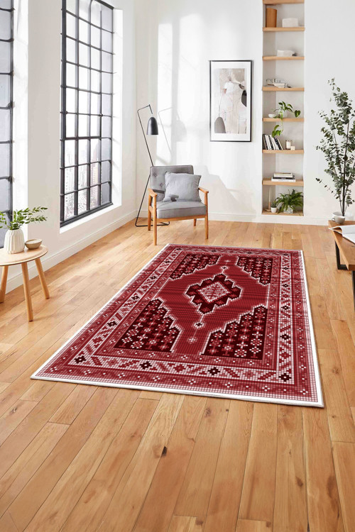 Baskılı Etnik Afgan Desenli Yıkanabilir Kaymaz Taban Yolluk Mutfak Salon Halısı