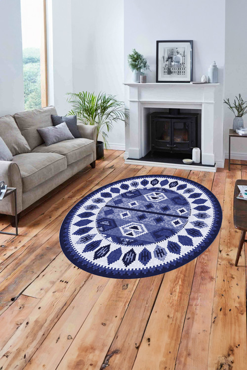 Etnik Kilim Model Dijital Yıkanabilir Kaymaz Taban Yuvarlak Mutfak Salon Halısı