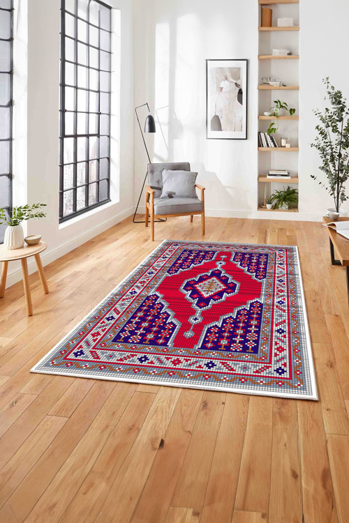 Baskılı Etnik Afgan Desenli Yıkanabilir Kaymaz Taban Yolluk Mutfak Salon Halısı